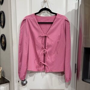 Pink Tie-Front Long Sleeve Top